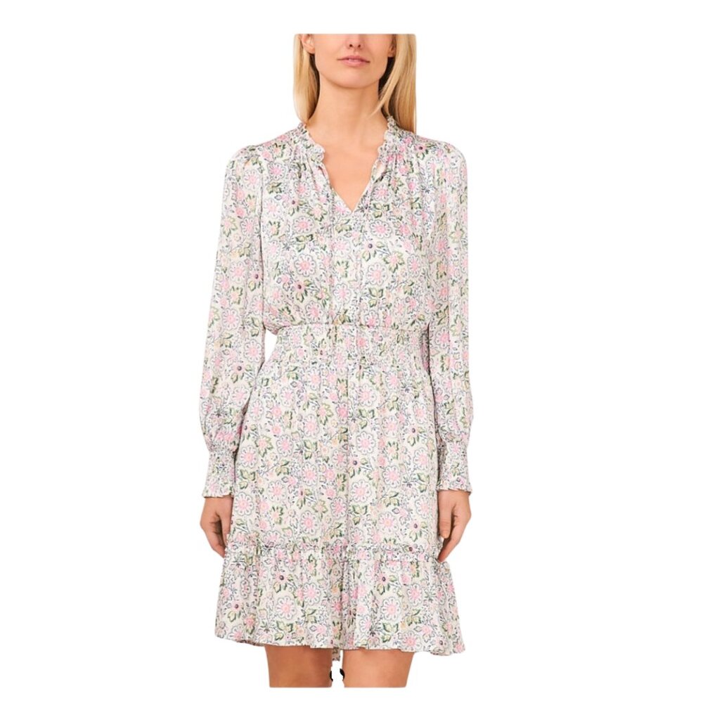 CeCe Floral Ruffle Trim Smocked Dress NWT